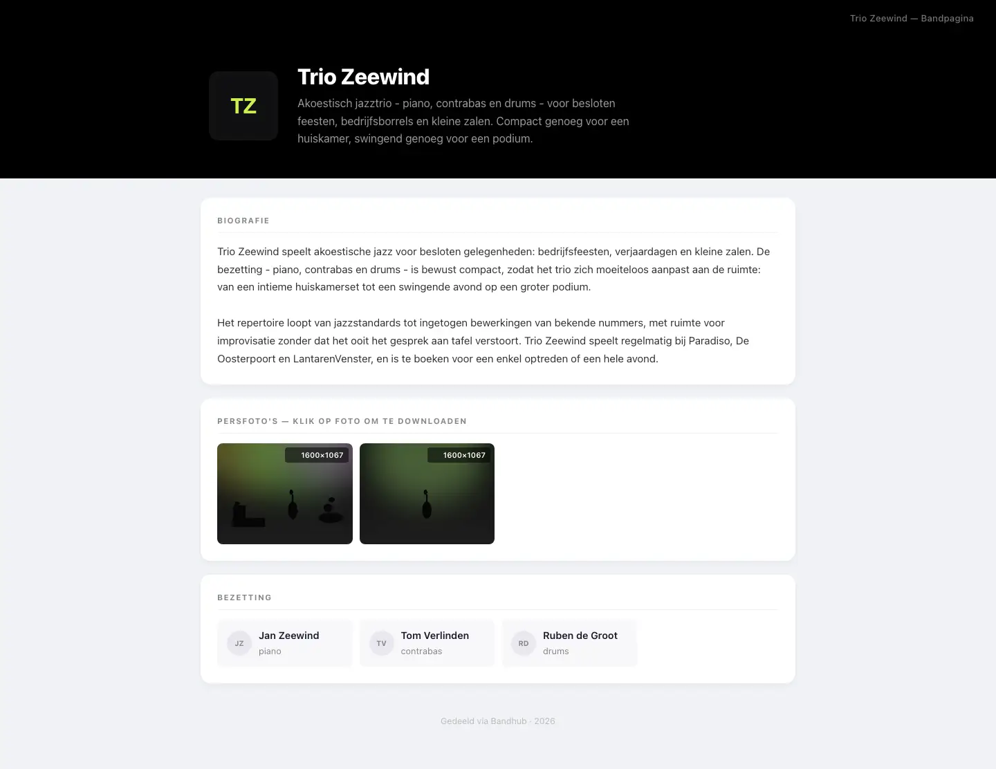 Het bandportaal zoals een programmeur het ziet: biografie, downloadbare persfoto's, riders, bezetting, video, audio en contactgegevens van een band