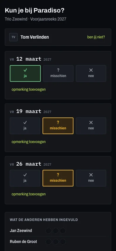 Het antwoordscherm dat een muzikant op zijn telefoon ziet na het openen van de link: per datum knoppen voor ja, misschien en nee